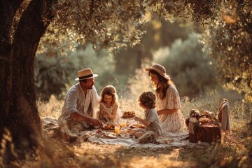Obraz premium Family enjoys a sunny picnic in the park surrounded by nature and laughter on a lovely afternoon