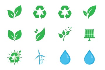 Obraz premium A collection of eco-friendly icons representing sustainability and environmental conservation