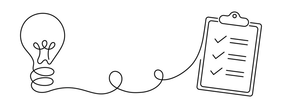 Light bulb connected to checklist symbolizing completed idea, solution and task management. Minimalist continuous line art concept for productivity, planning, success and problem solving