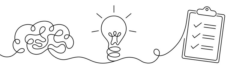 Human brain connected to light bulb and checklist symbolizing thinking process, idea realization and task completion. Minimalist continuous line art concept for productivity, planning, problem solving