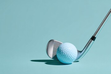 Golf club rests beside a light blue golf ball against a smooth teal background during a sunny day at the driving range