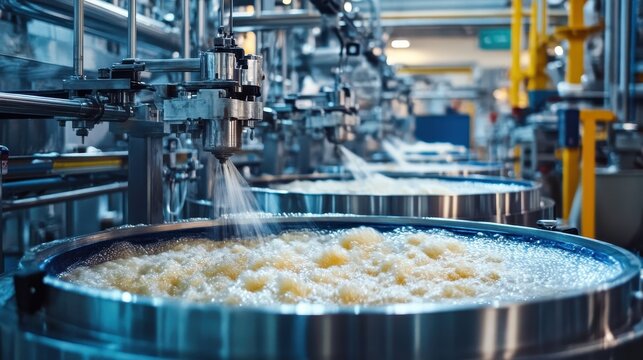 Industrial beer brewing process with foam in stainless steel fermentation tanks in a modern brewery factory