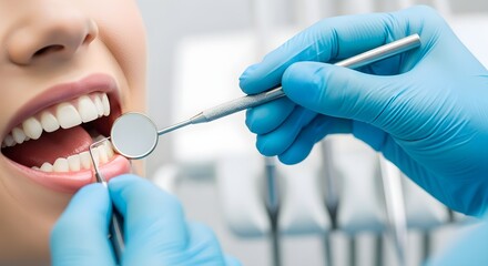 Dental Examination Dentist Inspecting Patient's Teeth with Instruments and Wearing Gloves