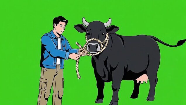 Man adjusting rope halter on cow vector animation on green screen video