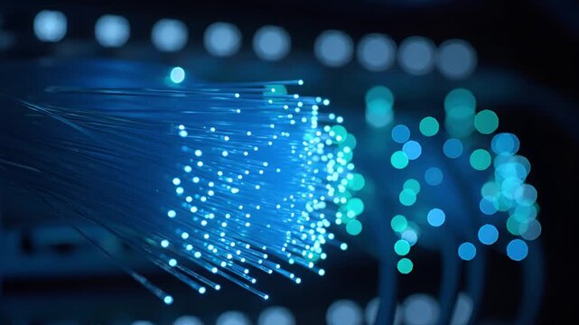 Glowing blue fiber optic cables close up with bokeh background. Abstract high speed technology, digital data transfer and global internet communication concept. - Powered by Adobe