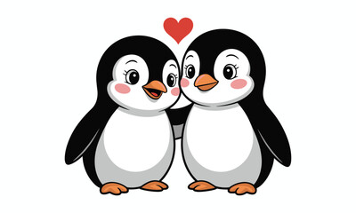Naklejka premium Two cute cartoon penguins embracing with a red heart above