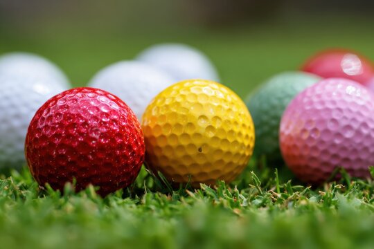 Closeup view of various colorful golf balls on green grass, showcasing vibrant hues and unique patterns during a sunny day at the golf course