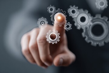 Touching automation icons to initiate AI powered workflow and improve productivity in a modern workspace setting