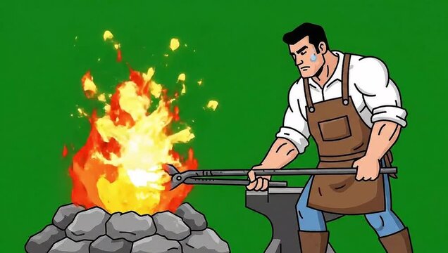  Metal rod in open fire man heating  for tool making vector animation on green screen 