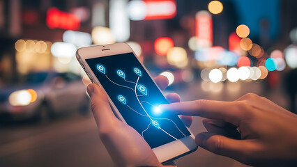 Hand tapping mobile phone GPS navigation map screen at night with bright city bokeh background