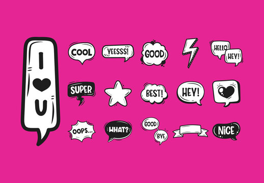 Black And White Doodle Speech Bubble Expression Illustrations Set