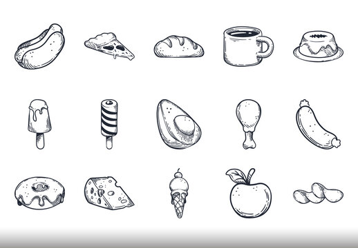 Black and White Doodle Food Illustration Set