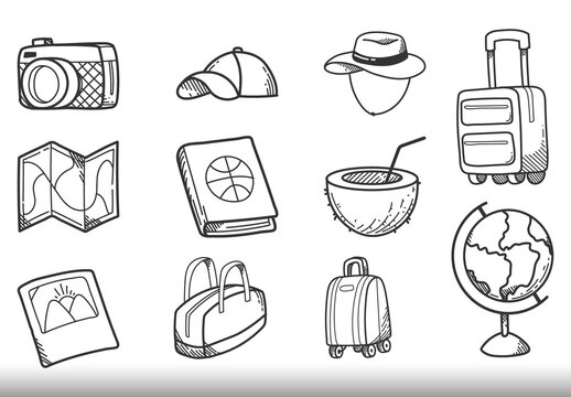 Black and White Doodle Traveling Illustration Set