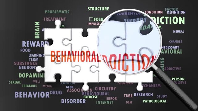 Behavioral Addiction under magnifying glass, being researched, studied and examined. Most important subjects and ideas closely related to behavioral addiction written around a puzzle.Can be looped.