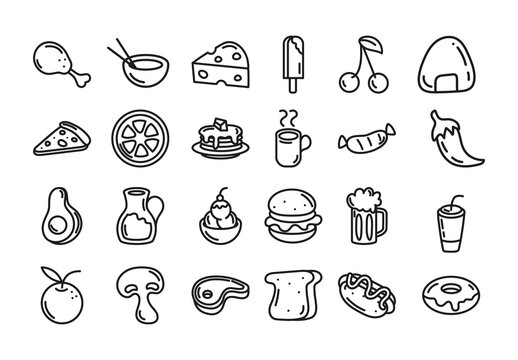 Black And White Food Doodle Snack Icons Set