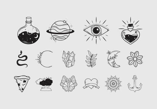 Black And White Minimalist Tattoo Illustrations Set