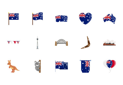 Blue And Red Australia Day National Symbols Illustrations Set