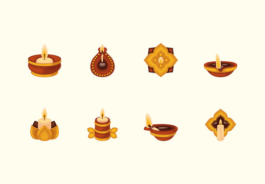 Yellow And Orange Diwali Diya Lamp Festival Icons Set
