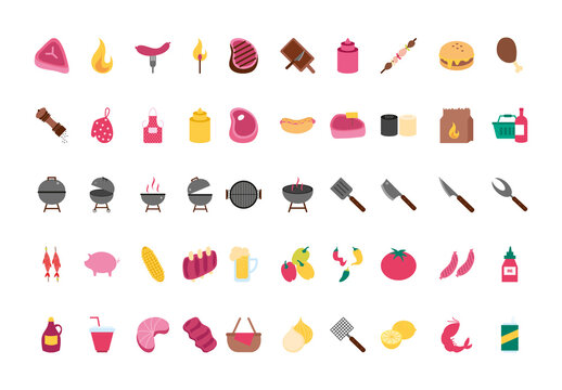Colorful BBQ Grill Food Illustrations Set