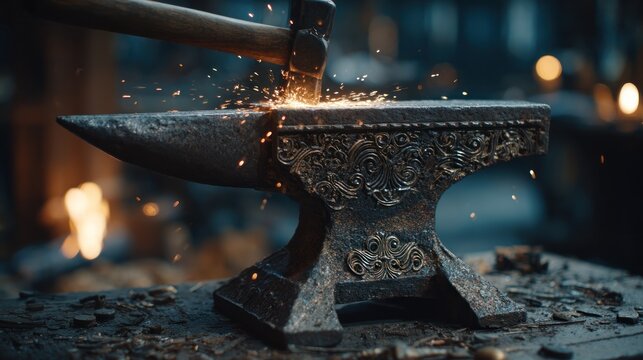 Hammer striking metal on anvil in blacksmith workshop.