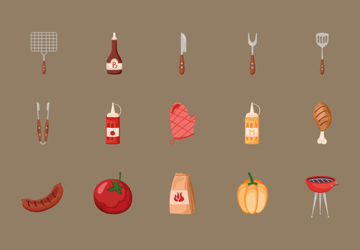 Colorful Bbq Grill Tools Illustration Set