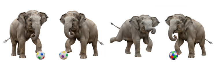 Asian Elephant Elephas maximus isolated on white background group of four elephants playing with balls performing circus tricks playful wildlife animal set cutout