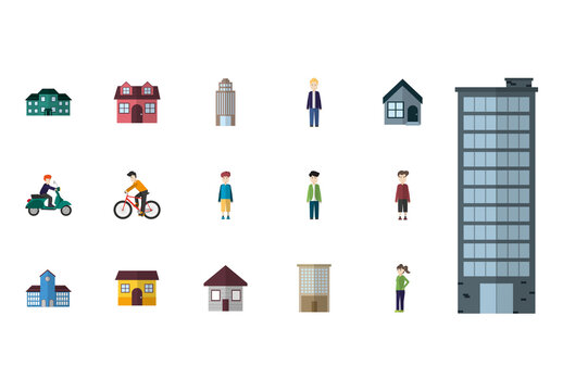 Colorful City Building People Urban Icons Set