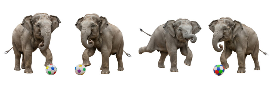 Asian Elephant Elephas maximus isolated on white background group of four elephants playing with balls performing circus tricks playful wildlife animal set cutout