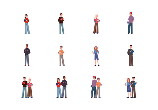 Colorful College Students Campus Learning Education Illustration Set