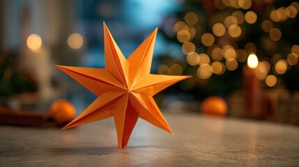 Festive Origami Star Decoration with Warm Bokeh Background.
