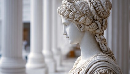 Elegant marble statue of a woman in a museum setting.