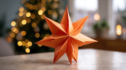 Festive Origami Star Decoration with Christmas Lights Background.