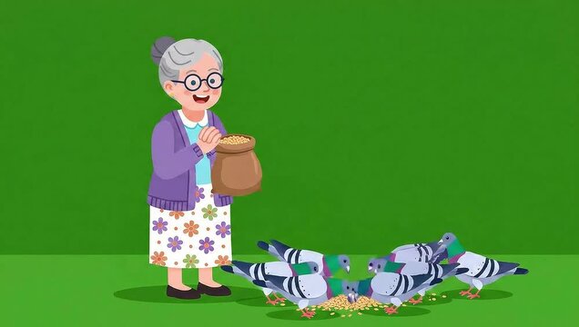 Old woman feeding grain to pigeons vector on green screen animation