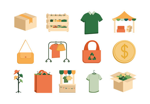 Colorful Sustainable Market Eco Retail Icons Set