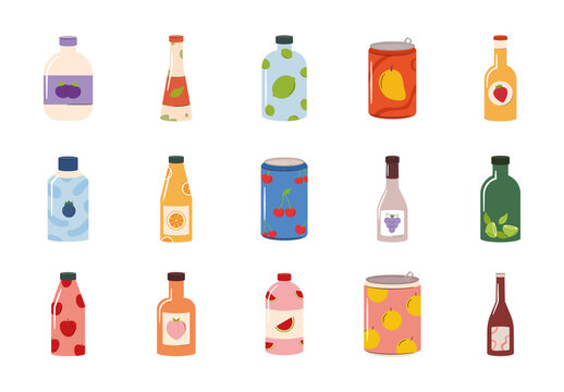Colorful Fruit Drink Juice Packaging Illustrations Set