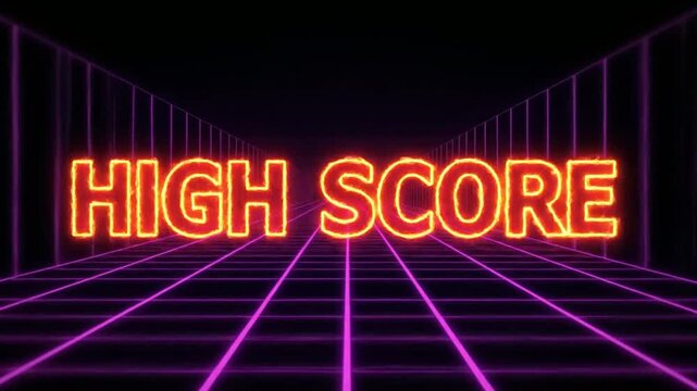 A video showcasing a neon-lit high score display in a futuristic digital environment