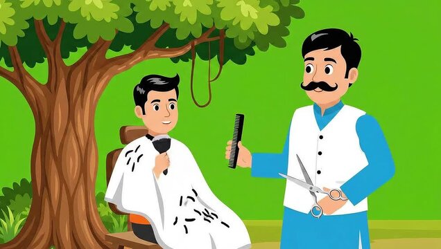 Village barber cutting hair under tree vector animation on green screen