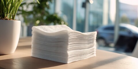 Stack of white napkins on a wooden table with plant.