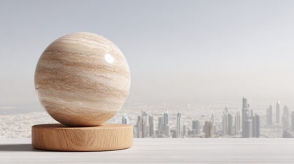Minimalist Sphere on Wooden Base with Cityscape Backdrop.