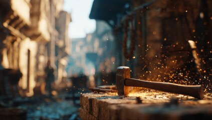 Hammer striking metal in a blacksmiths workshop with sparks flying.