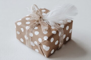 Gift box wrapped in brown polka dot paper with white bow.