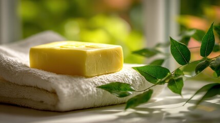 Natural Soap Bar on Towel with Green Plant Decor.