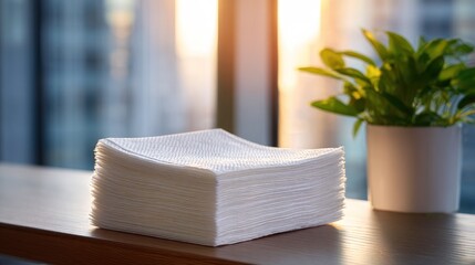 Stack of white napkins with plant and window background.