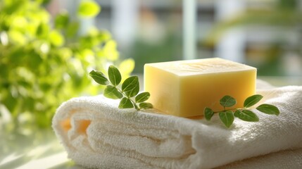 Natural Soap Bar on Towel with Greenery for Spa Day.