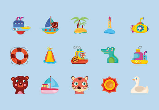Colorful Kids Nautical Cartoon Illustration Set