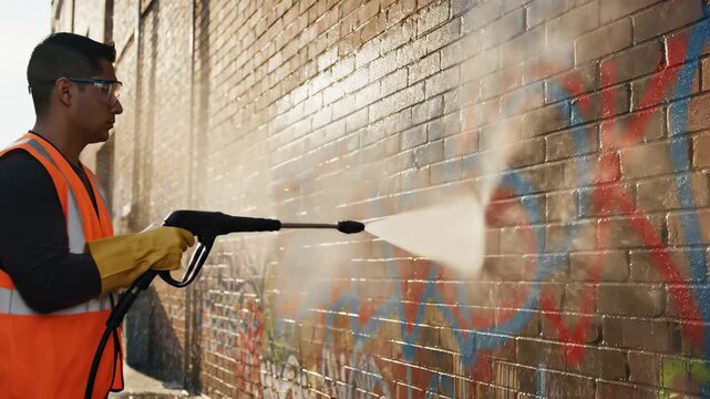 Caucasian man pressure washing brick wall to remove graffiti. Cleaning service for urban vandal art removal. Maintenance worker.