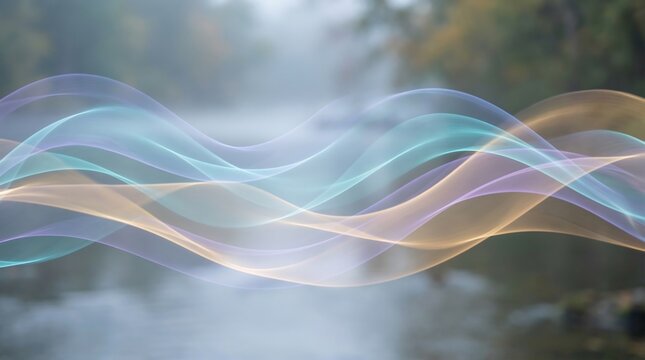 Colorful wavy lines in purple blue and orange over a blurred background of water and trees abstract - Powered by Adobe