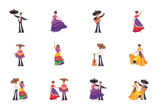 Colorful Mexican People Characters Illustration Set