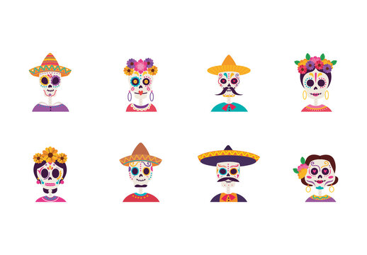 Colorful Mexico Catrinas Illustration Set 