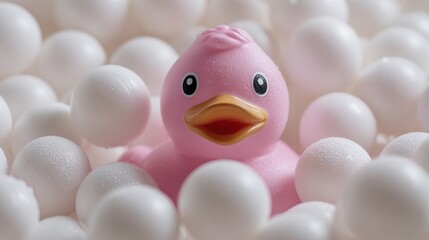 Pink Rubber Duck Surrounded by White Balls in a Bath.